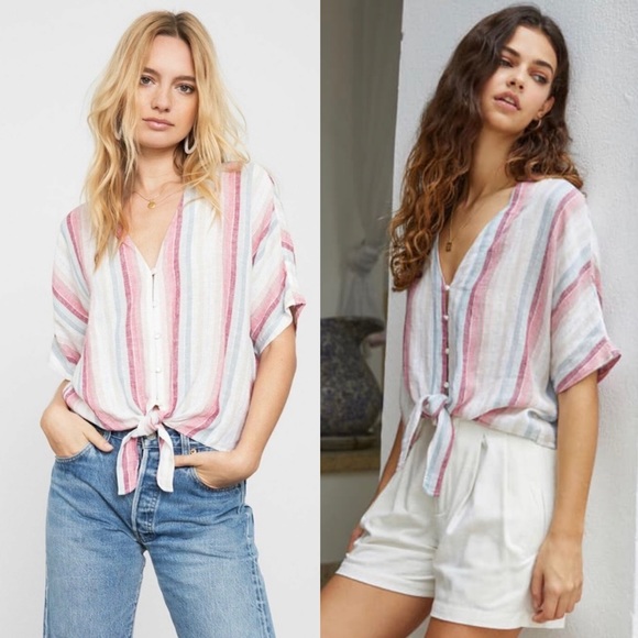Rails Tops - Rails Thea Tropic Stripe Button Front Tie Linen Short Sleeve Top